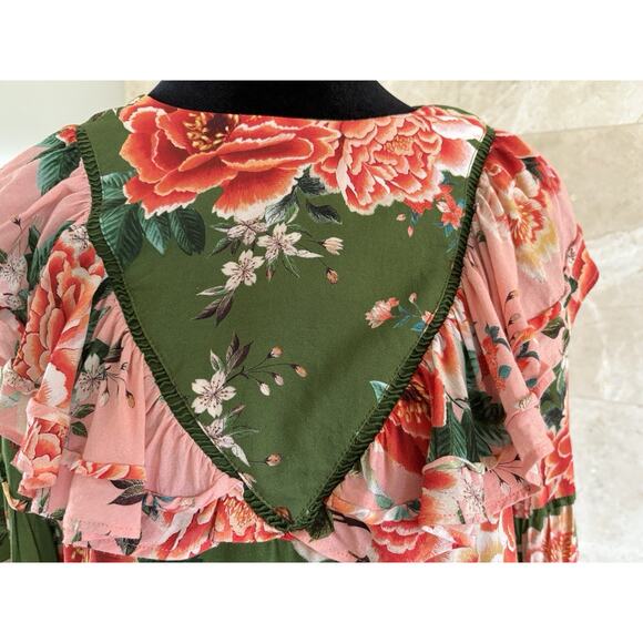 Farm Rio Elinor Tunic Dress - S Green Pink, Floral Long Sleeve Boho Twee Cottage - Picture 8 of 14
